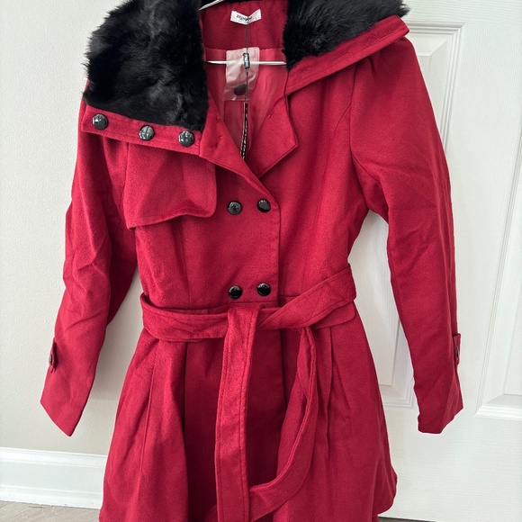 NWT Red Burgundy Winter Faux Fur Pea Coat Belt small - Picture 1 of 7